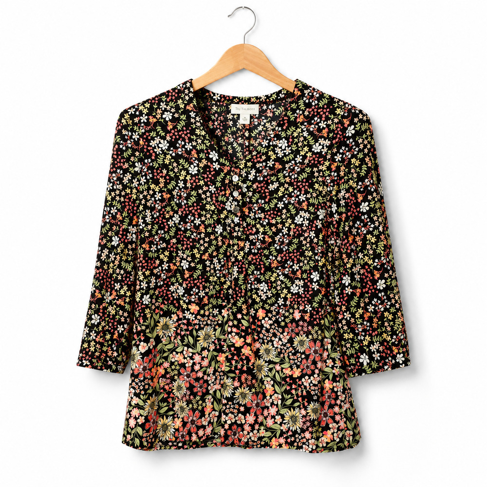 J Jill Top Womens Size Small Black Ditsy Floral Print 3/4 Sleeve Relaxed Flowy